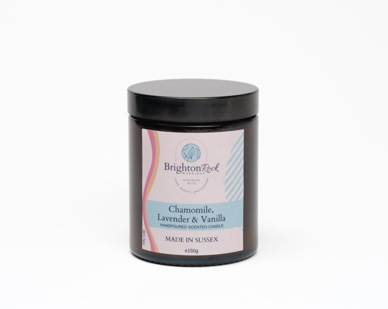 Chamomile, Lavender & Vanilla Scented Candle in Amber Glass Jar 150g