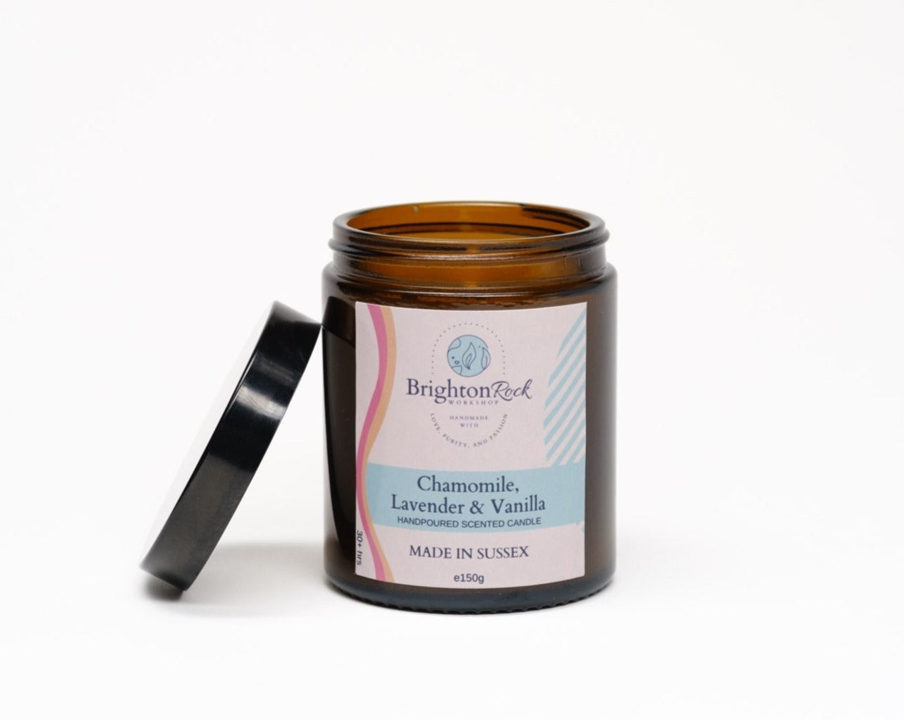 Chamomile, Lavender & Vanilla Scented Candle in Amber Glass Jar 150g