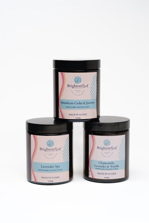 Chamomile, Lavender & Vanilla Scented Candle in Amber Glass Jar 150g