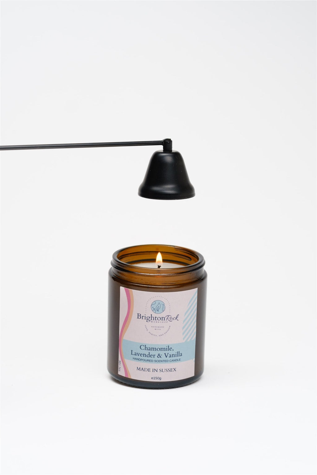 Chamomile, Lavender & Vanilla Scented Candle in Amber Glass Jar 150g