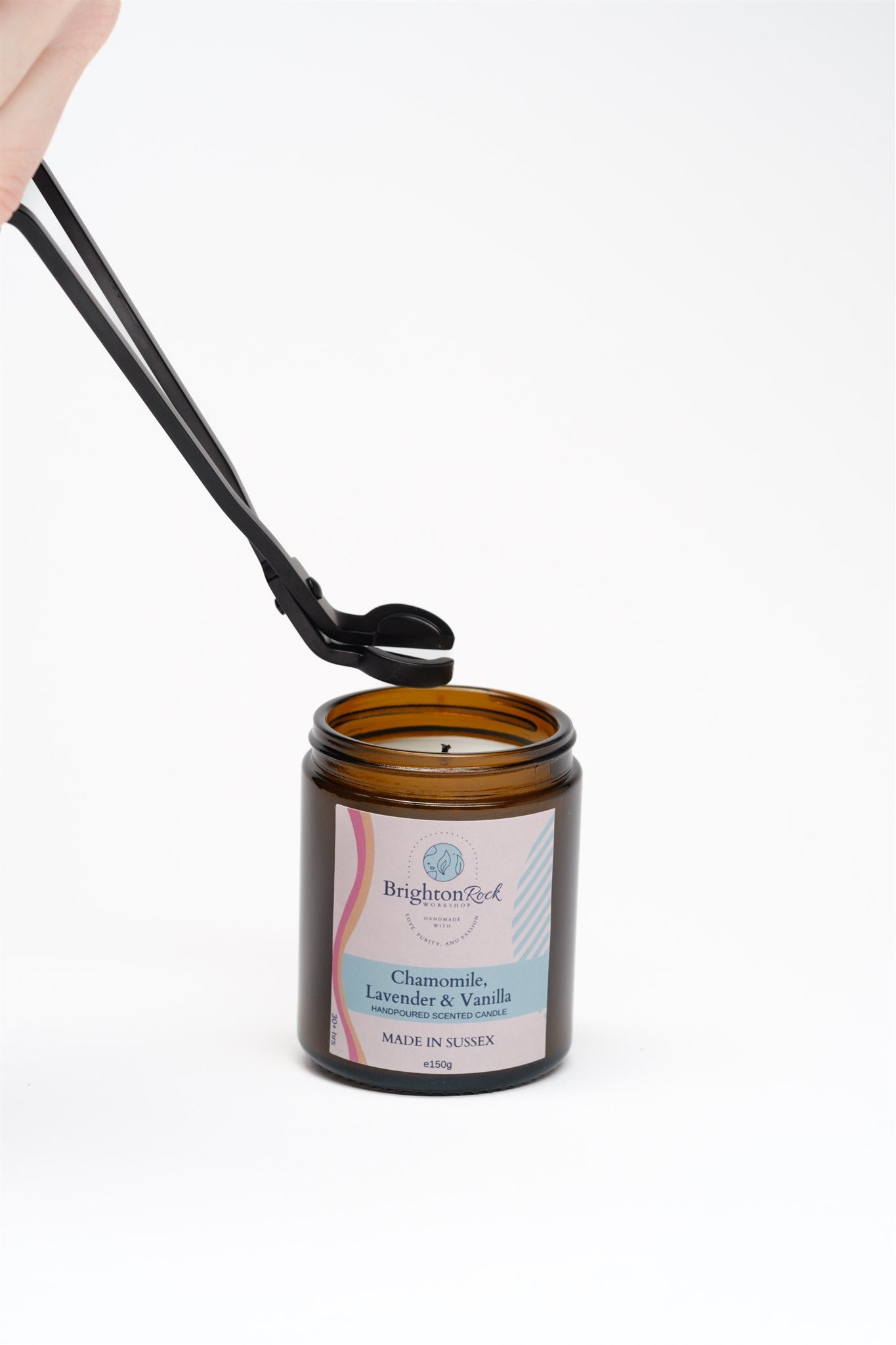 Chamomile, Lavender & Vanilla Scented Candle in Amber Glass Jar 150g