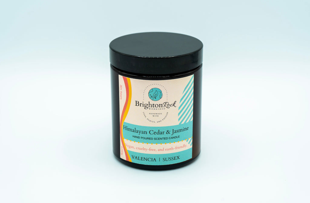 Himalayan Cedar & Jasmine Scented Candle in Amber Glass Jar 150g