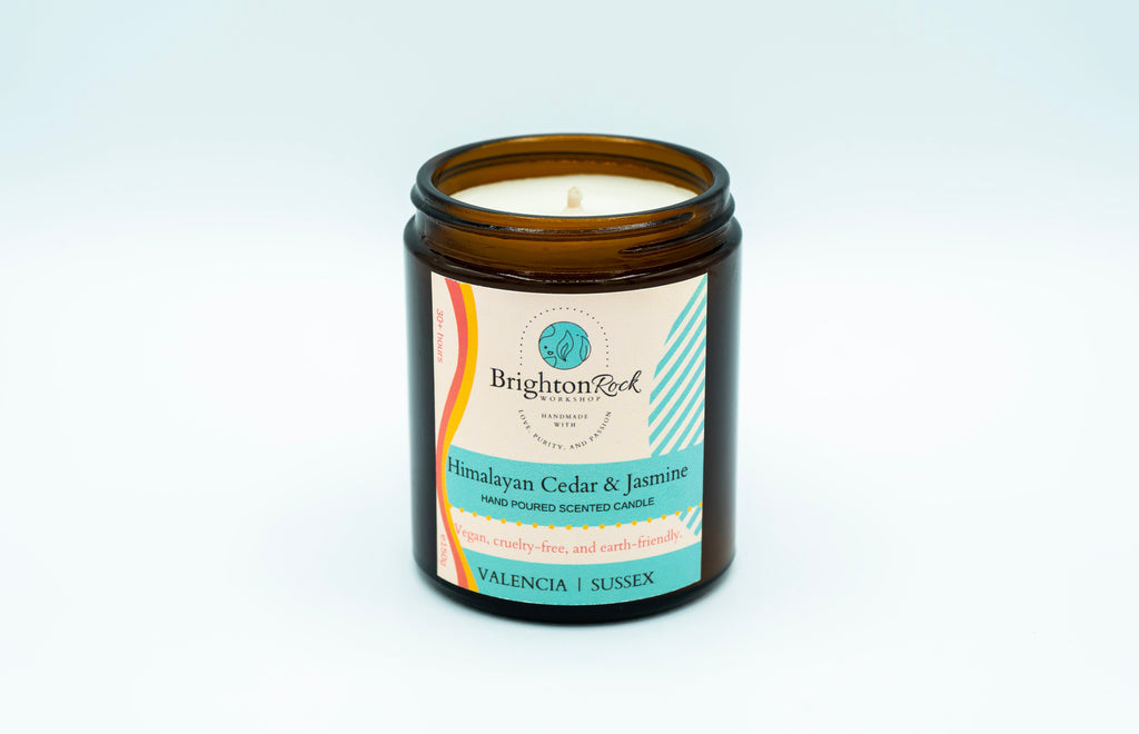 Himalayan Cedar & Jasmine Scented Candle in Amber Glass Jar 150g