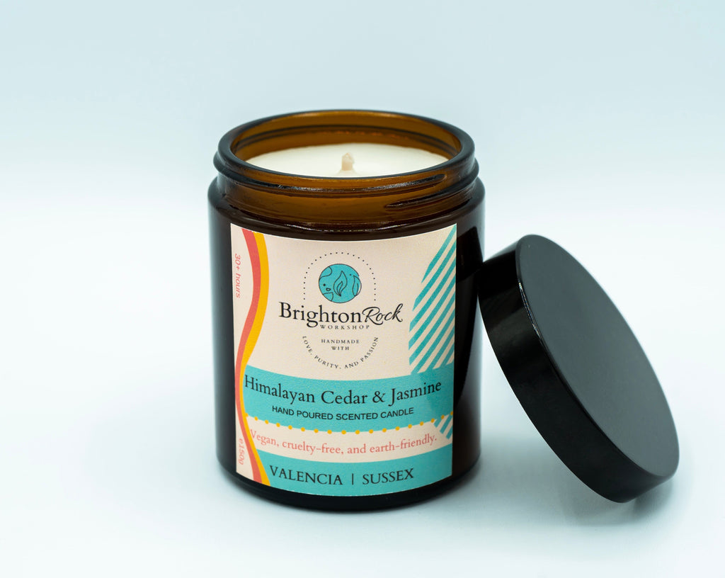 Himalayan Cedar & Jasmine Scented Candle in Amber Glass Jar 150g